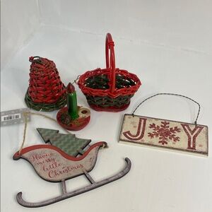 Festive Primitive Red and Green Holiday Ornament Set
